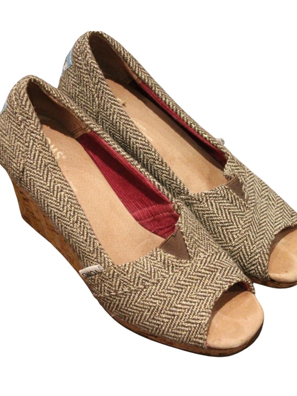TOMS Tan Herringbone Peep-Toe Cork Wedge Size 6